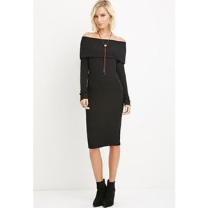 Black Ribbed Off Shoulder Midi Dress